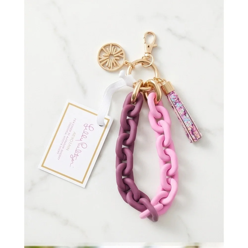 Lilly Pulitzer Marena Cherry Resin Chain Keychain‎ Pink Purple Tassel Gold Charm